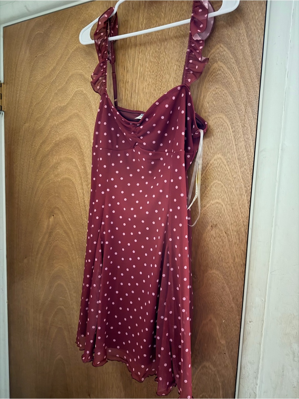 No Boundaries Burgundy Dress with Pale Pink Polka Dots